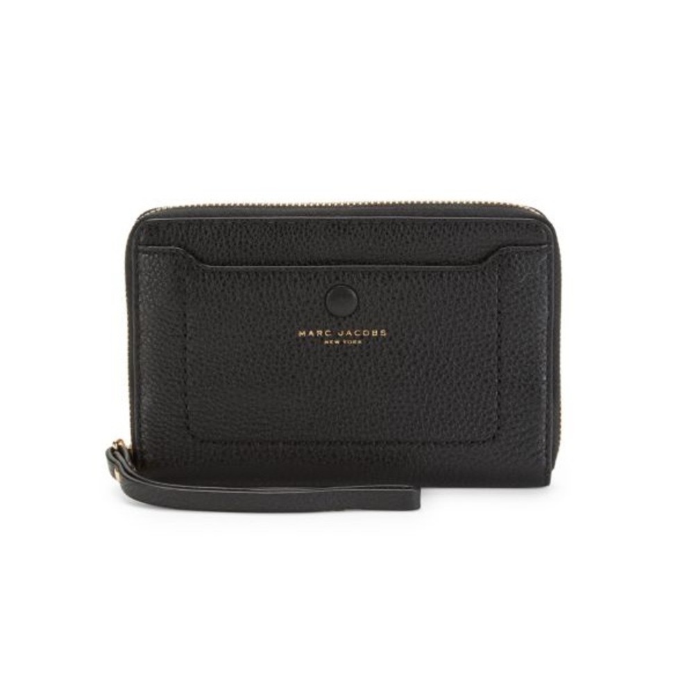 MARC JACOBS Empire City Black Pebbled Leather Wristlet Gold Logo